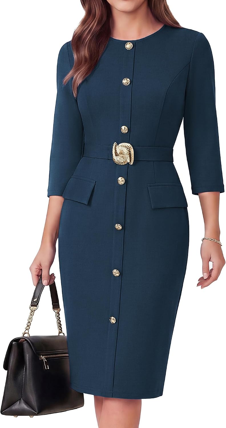 GRACE KARIN Women's 3\/4 Sleeve Work Office Business Casual Dress | 2026 Elastic Belt,Crew Neck,Back Zipper,Knee Length,Bodycon Outfits Suitable for Funral,Church,Cocktail,Professional