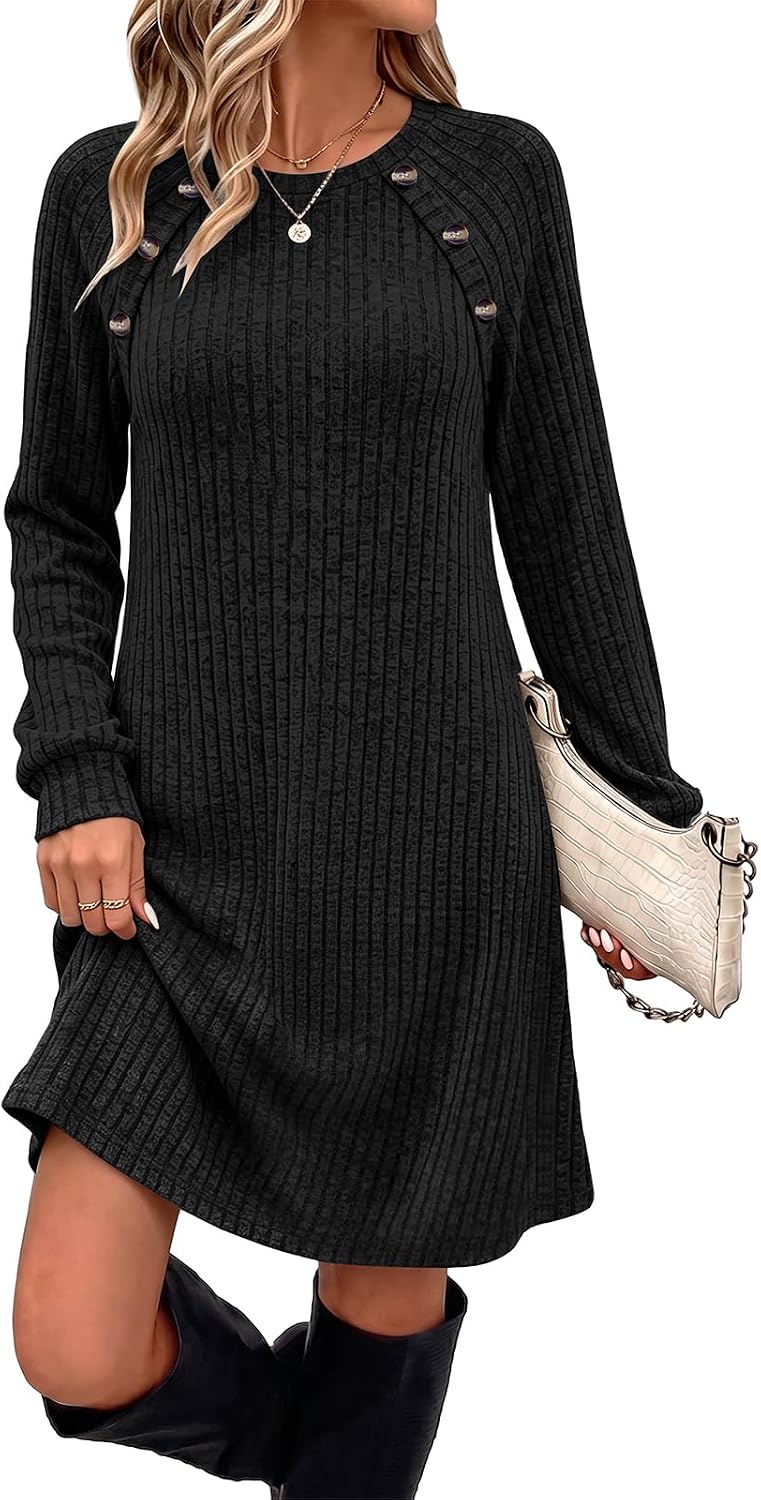 OFEEFAN Fall Dresses for Women 2026 Long Sleeve Dress with Pockets | Button Detail, Teacher Outfits, Early Fall Fashion, Ribbed, Lightweight, Winter Clothing