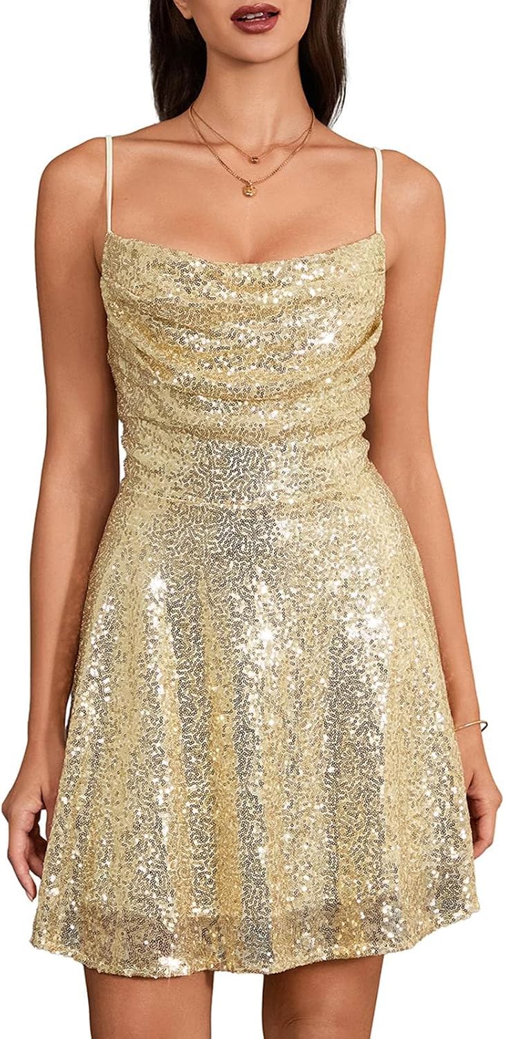 Cjfdfy Women's Summer Sparkly Sequin Mini Dress | Lace-Up Back, A-Line Flowy, Draped Cowl Square Neck, Sexy Sleeveless Backless, Y2K Party Cocktail Homecoming Clothes