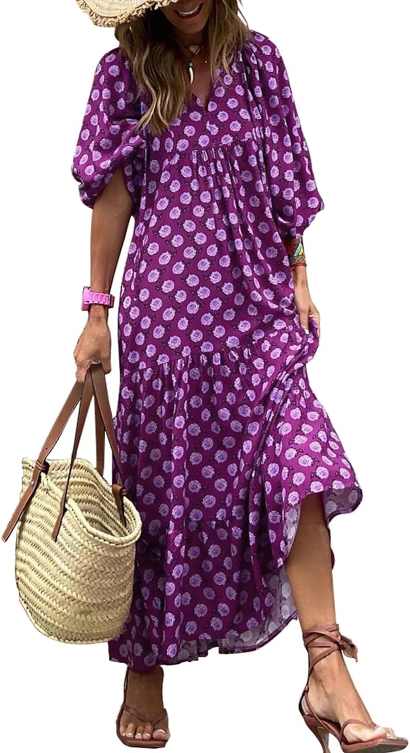 miduo Womens Casual V Neck Half Sleeve Bohemian Geometric Maxi Long Dresses | Loose Fit Beach Summer V Neck Half Sleeve Bohemian Maxi Long Dresses Boho Resortwear Holiday