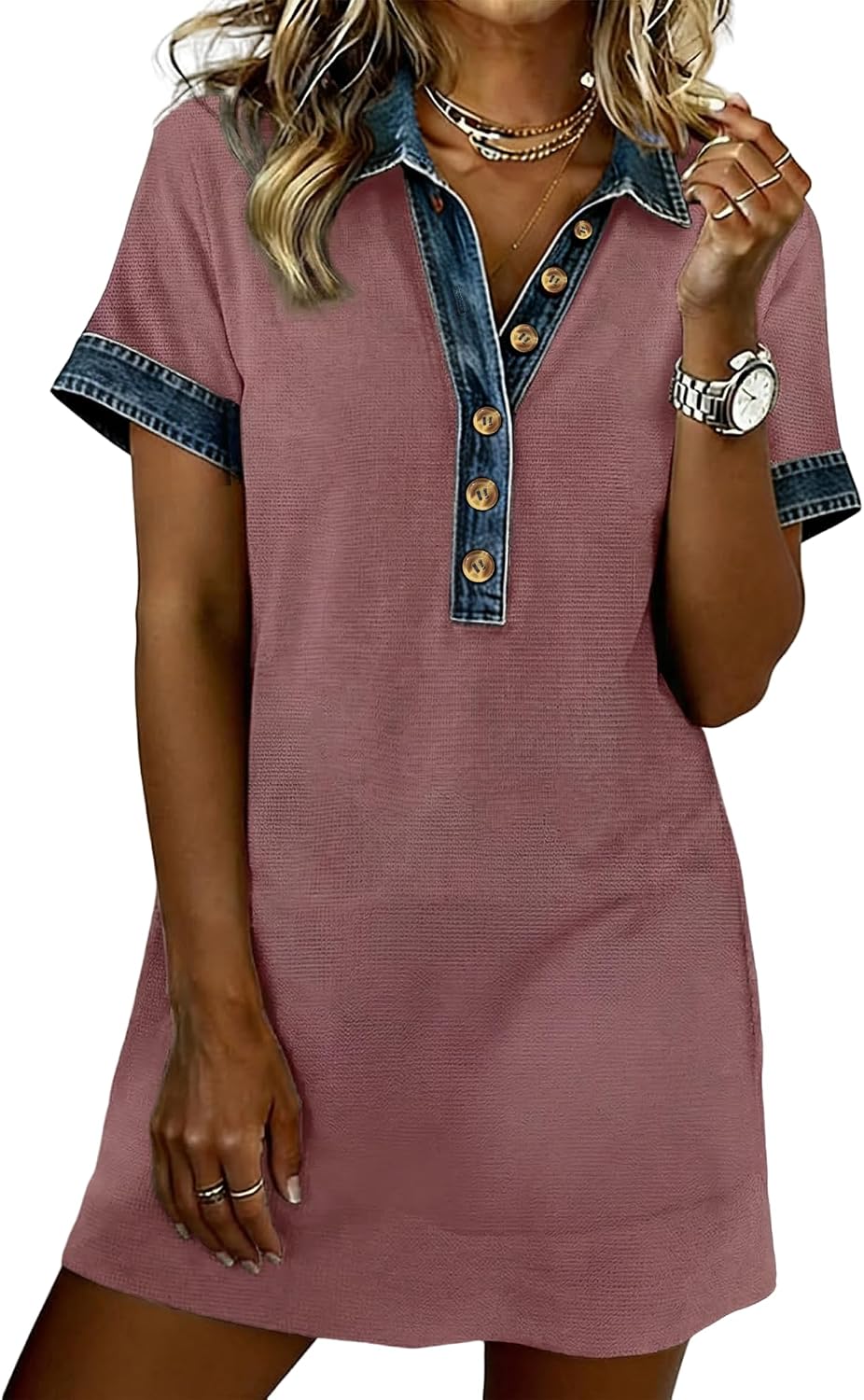 SELINK Patchwork Denim Dress for Women Cute Polo T-Shirt Dress | Short Sleeve Polo Dresses with Collar,Ladies Ribbed Knit Jean Dress,Button Up Summer Dress,Perfect for Casual Daily Wear