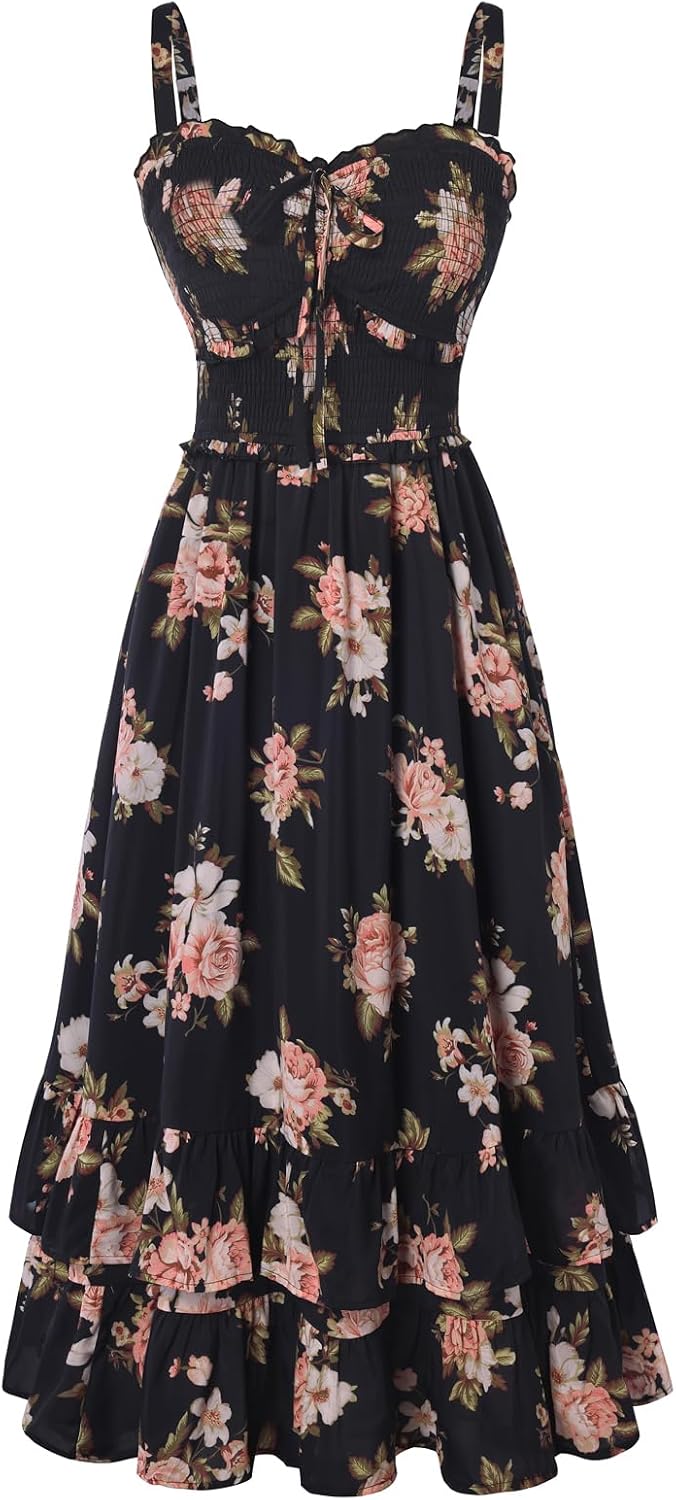 Scarlet Darkness Women's Floral Dress Smocked Sundress with Pockets | Cottagecore Milkmaid Summer Spring Dresses, A line, Flowy, Ankle Length, for Casual, Vacation, Wedding Guest, Tea Party