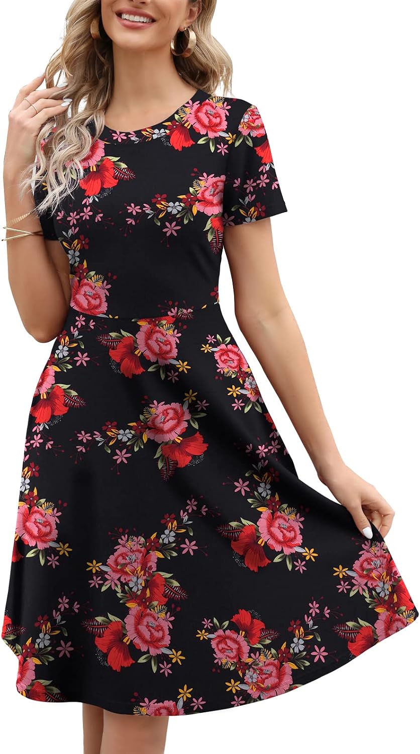 Women's Elegant Knee Length Dresses Vintage Summer Office Casual Floral Print Work Party A-Line Swing Dress with Pockets 162