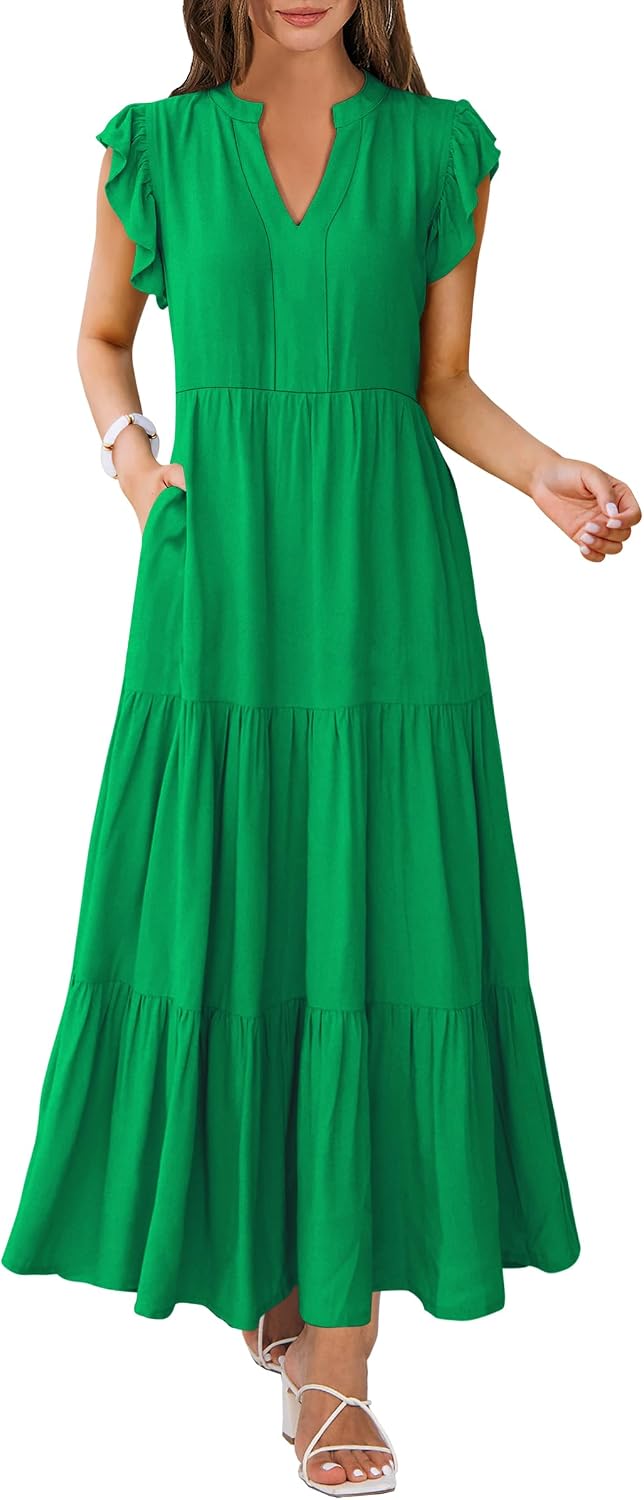 ANRABESS Womens Summer Dress Ruffle Sleeve V Neck Vacation Maxi Dresses | Flowy Tiered Boho Beach Sundress, Casual Fit Long Dress with Pockets, Soft Fashion Work Outfits 2026