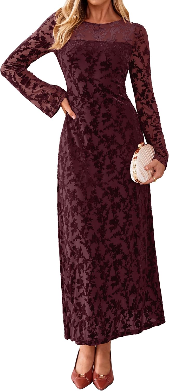 Simplee Womens Velvet Long Sleeve Fall Formal Wedding Guest Maxi Dress | Burnout Velvet Floral, Stretch Mesh Fabric, Long Bell Sleeve,Winter Holiday, Elegant Cocktail Party Dress