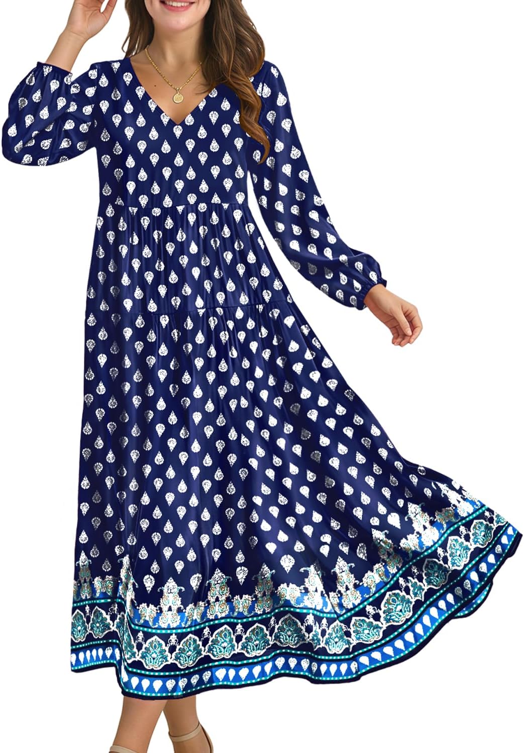 YESNO Women Fall Casual Maxi Dresses Long Lantern Sleeve EVFP2 | V Neck, long sleeve, tiered skirt, flowy beach vacation outfits, spring fall maxi dress with pockets, strap tie