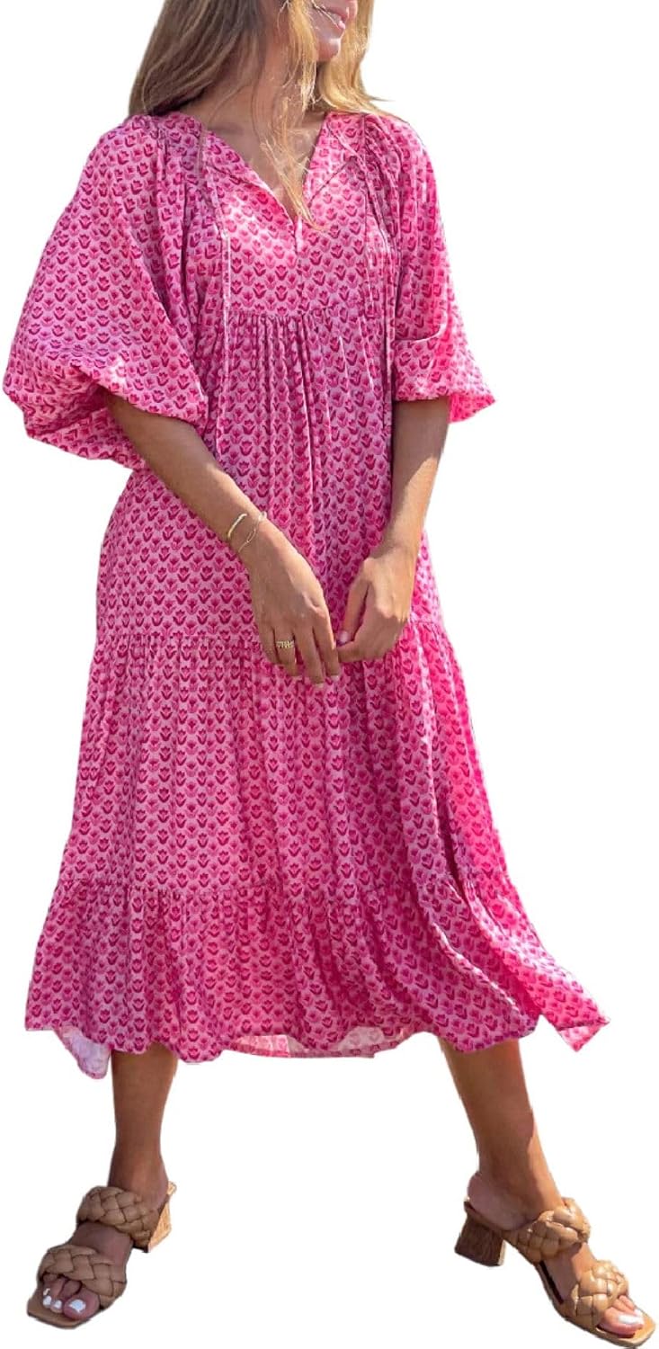 miduo Womens Casual V Neck Half Sleeve Bohemian Geometric Maxi Long Dresses | Loose Fit Beach Summer V Neck Half Sleeve Bohemian Maxi Long Dresses Boho Resortwear Holiday