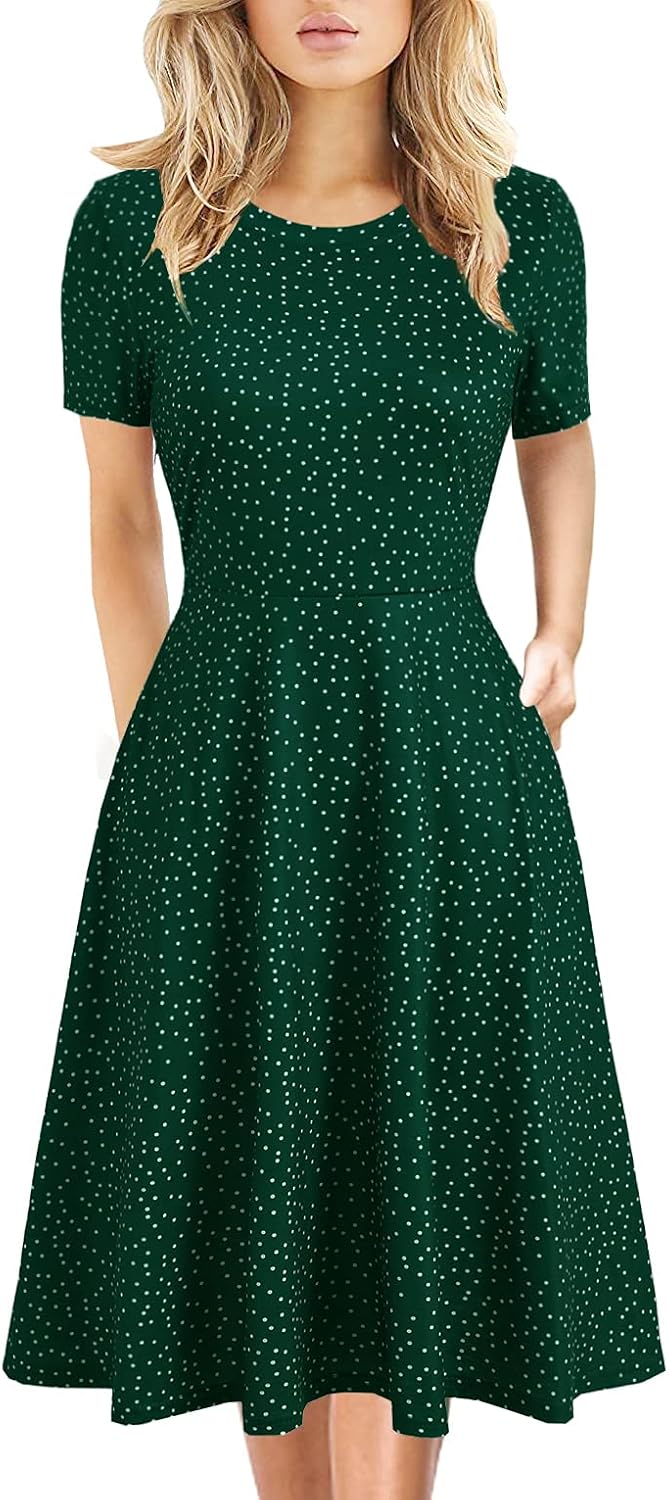Women's Elegant Knee Length Dresses Vintage Summer Office Casual Floral Print Work Party A-Line Swing Dress with Pockets 162