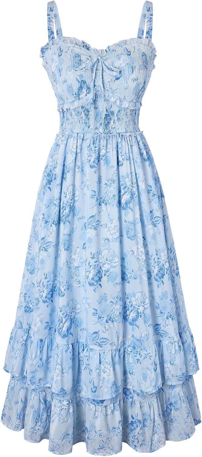 Scarlet Darkness Women's Floral Dress Smocked Sundress with Pockets | Cottagecore Milkmaid Summer Spring Dresses, A line, Flowy, Ankle Length, for Casual, Vacation, Wedding Guest, Tea Party