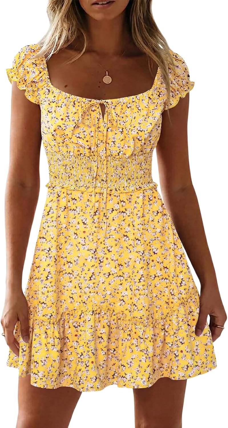Womens Summer Floral Sundress Ruffle Sleeve Sweetheart Short Mini Dresses | Sun Dress, Sexy, Flowy, Print, Smocked Waist, Western Boho, Beach, Date Night, Country Concert