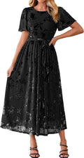 Simplee Womens Semi Formal Fall Wedding Guest Velvet Burnout Maxi Dress | Casual Crew Neck, Flutter Short Sleeve, Tie Waist, Flowy A Line, Bridal Shower, Winter Holiday, Garden Party