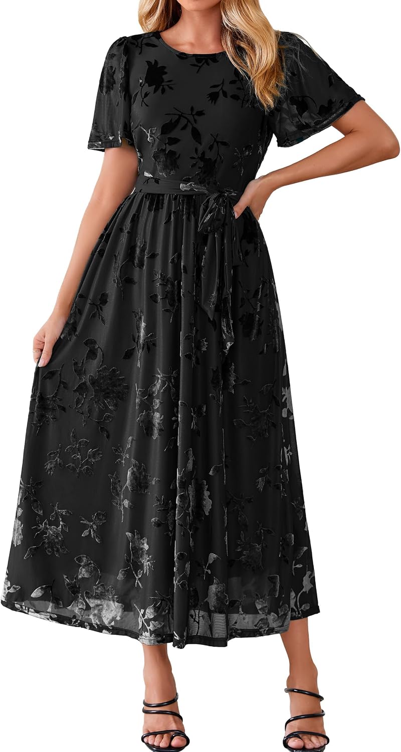 Simplee Womens Semi Formal Fall Wedding Guest Velvet Burnout Maxi Dress | Casual Crew Neck, Flutter Short Sleeve, Tie Waist, Flowy A Line, Bridal Shower, Winter Holiday, Garden Party