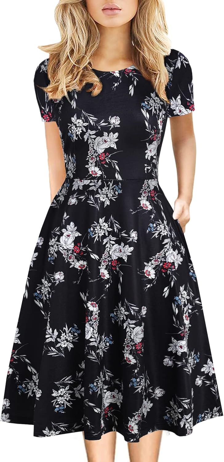 Women's Elegant Knee Length Dresses Vintage Summer Office Casual Floral Print Work Party A-Line Swing Dress with Pockets 162