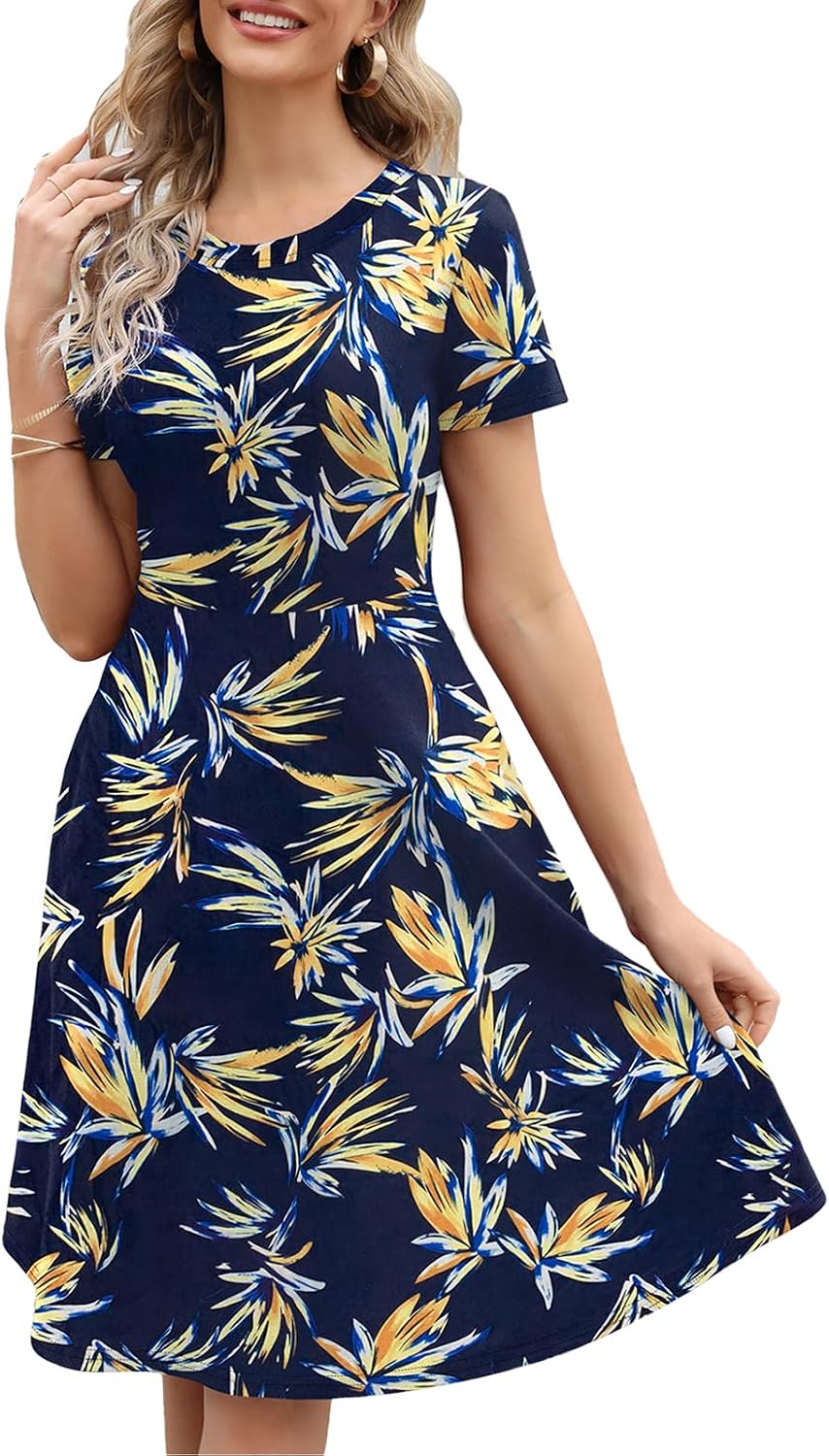 Women's Elegant Knee Length Dresses Vintage Summer Office Casual Floral Print Work Party A-Line Swing Dress with Pockets 162