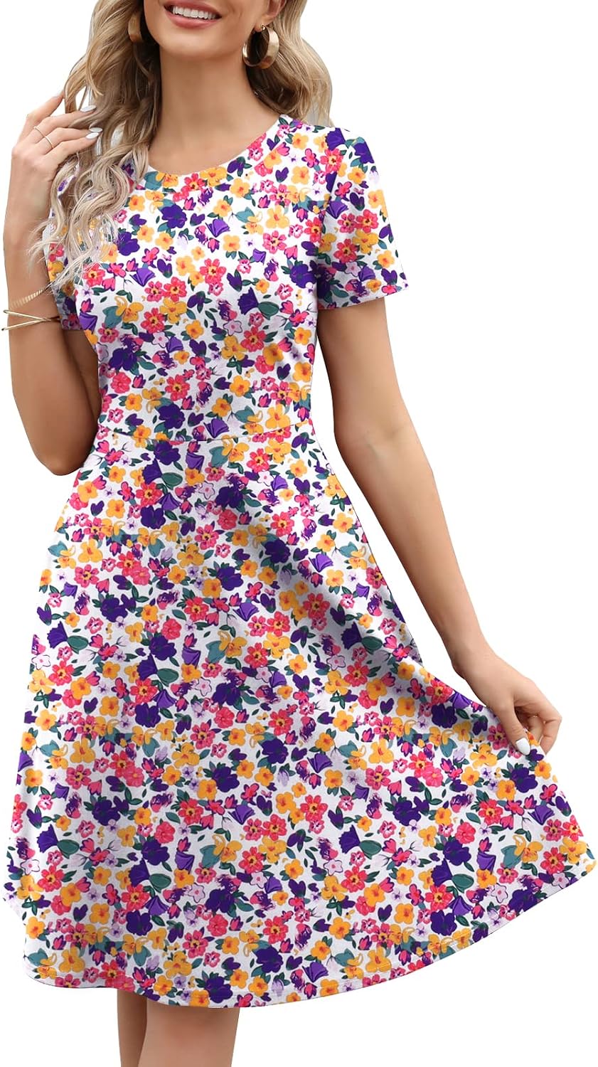 Women's Elegant Knee Length Dresses Vintage Summer Office Casual Floral Print Work Party A-Line Swing Dress with Pockets 162