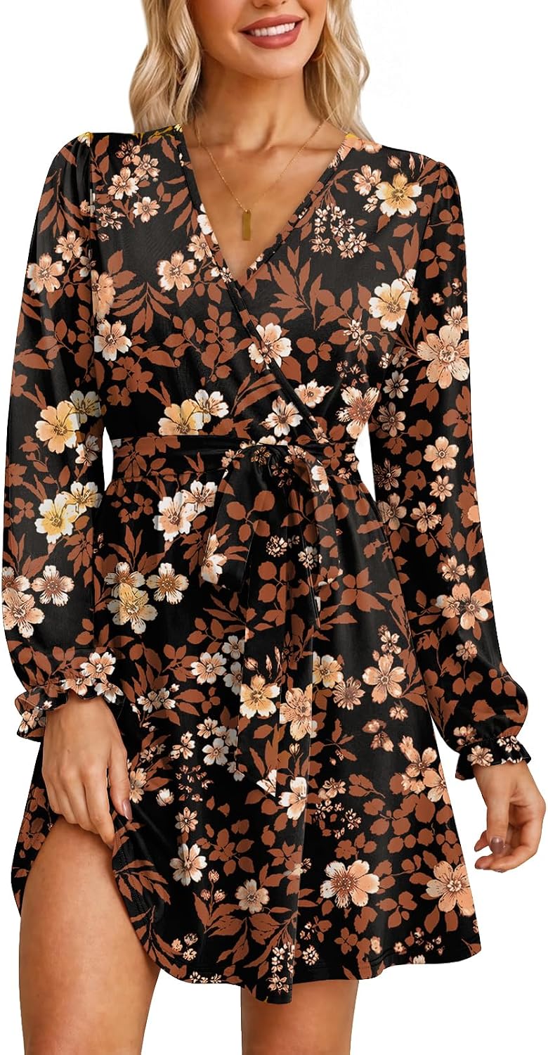 OFEEFAN Womens Wrap V Neck Dress Long Sleeve Belted Fall a Line Dress 2026 | Knee Length Dress,Wedding Guest Dress,Elastic Waist with Belt,Soft Stretch Fabric,Dressy Casual,Solid Floral Prints