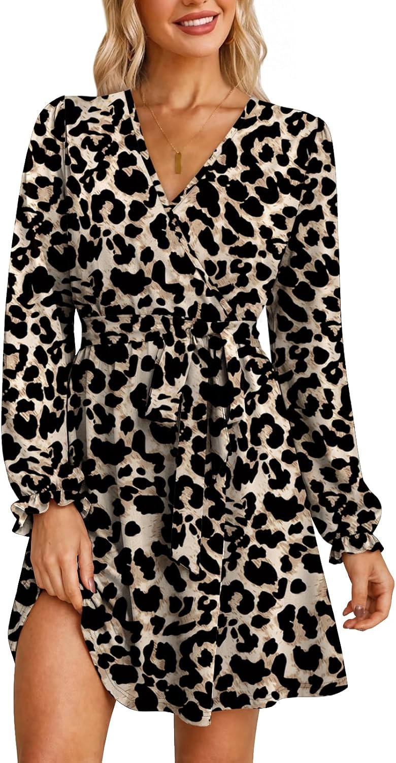 OFEEFAN Womens Wrap V Neck Dress Long Sleeve Belted Fall a Line Dress 2026 | Knee Length Dress,Wedding Guest Dress,Elastic Waist with Belt,Soft Stretch Fabric,Dressy Casual,Solid Floral Prints