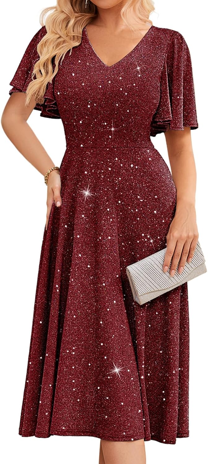 Bridesmay Women's Formal Wedding Guest Dress for Women 2026 Short Sleeve Fit and Flare Tea Party Dresses