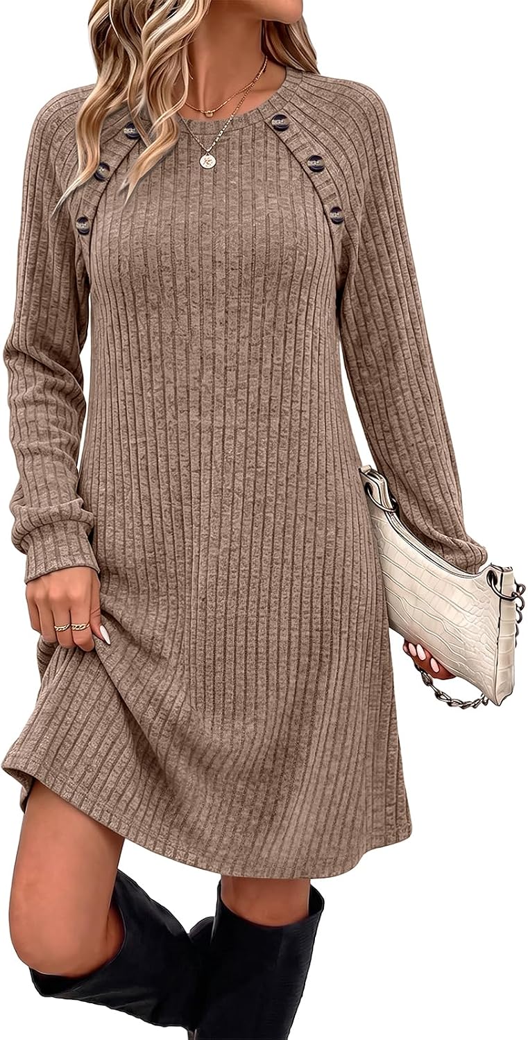 OFEEFAN Fall Dresses for Women 2026 Long Sleeve Dress with Pockets | Button Detail, Teacher Outfits, Early Fall Fashion, Ribbed, Lightweight, Winter Clothing