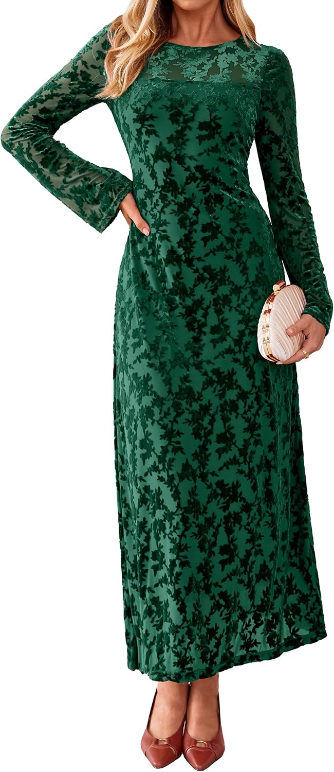 Simplee Womens Velvet Long Sleeve Fall Formal Wedding Guest Maxi Dress | Burnout Velvet Floral, Stretch Mesh Fabric, Long Bell Sleeve,Winter Holiday, Elegant Cocktail Party Dress