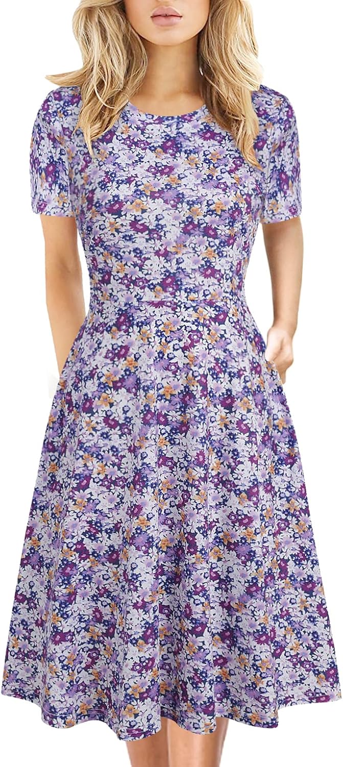 Women's Elegant Knee Length Dresses Vintage Summer Office Casual Floral Print Work Party A-Line Swing Dress with Pockets 162