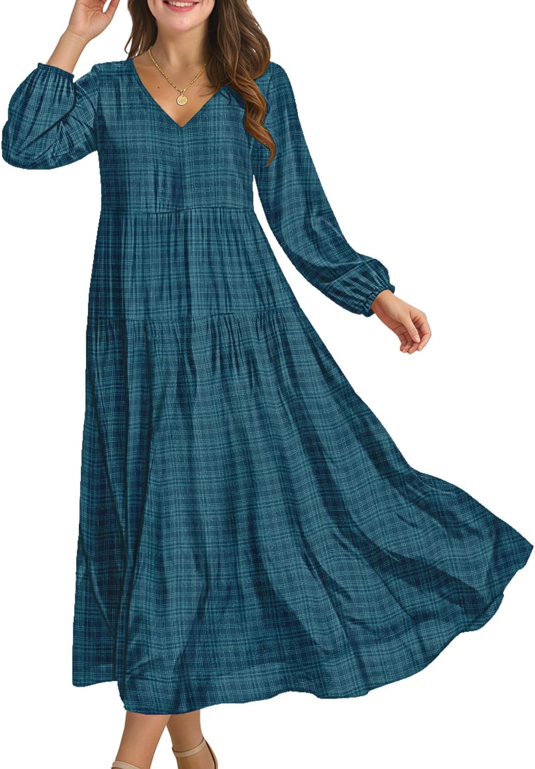 YESNO Women Fall Casual Maxi Dresses Long Lantern Sleeve EVFP2 | V Neck, long sleeve, tiered skirt, flowy beach vacation outfits, spring fall maxi dress with pockets, strap tie