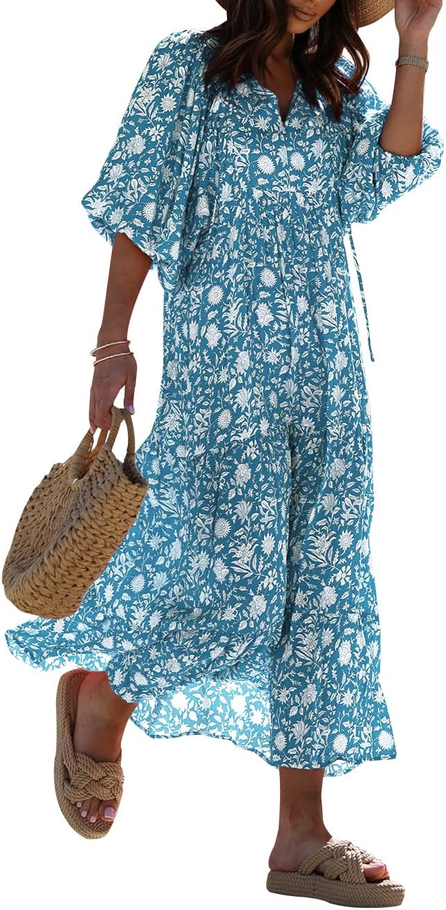 miduo Womens Casual V Neck Half Sleeve Bohemian Geometric Maxi Long Dresses | Loose Fit Beach Summer V Neck Half Sleeve Bohemian Maxi Long Dresses Boho Resortwear Holiday