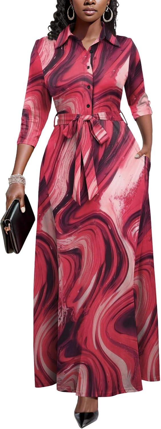 Runwind Womens Maxi Dress 3\/4 Sleeve Button Down Church Dress with Pockets | lapel neck tie waist long dress with belt\/ casual bussiness office dress\/ elegant for wedding guest, dinner party