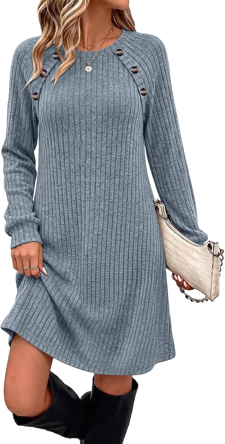 OFEEFAN Fall Dresses for Women 2026 Long Sleeve Dress with Pockets | Button Detail, Teacher Outfits, Early Fall Fashion, Ribbed, Lightweight, Winter Clothing