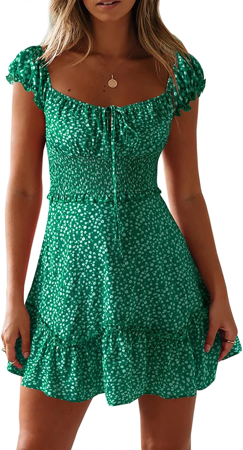 Womens Summer Floral Sundress Ruffle Sleeve Sweetheart Short Mini Dresses | Sun Dress, Sexy, Flowy, Print, Smocked Waist, Western Boho, Beach, Date Night, Country Concert
