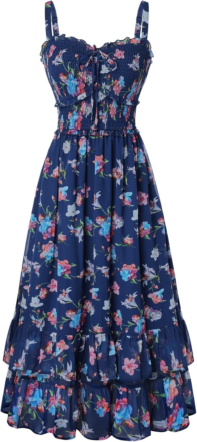 Scarlet Darkness Women's Floral Dress Smocked Sundress with Pockets | Cottagecore Milkmaid Summer Spring Dresses, A line, Flowy, Ankle Length, for Casual, Vacation, Wedding Guest, Tea Party