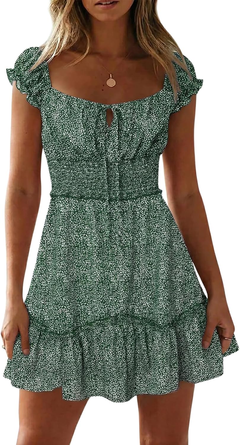 Womens Summer Floral Sundress Ruffle Sleeve Sweetheart Short Mini Dresses | Sun Dress, Sexy, Flowy, Print, Smocked Waist, Western Boho, Beach, Date Night, Country Concert