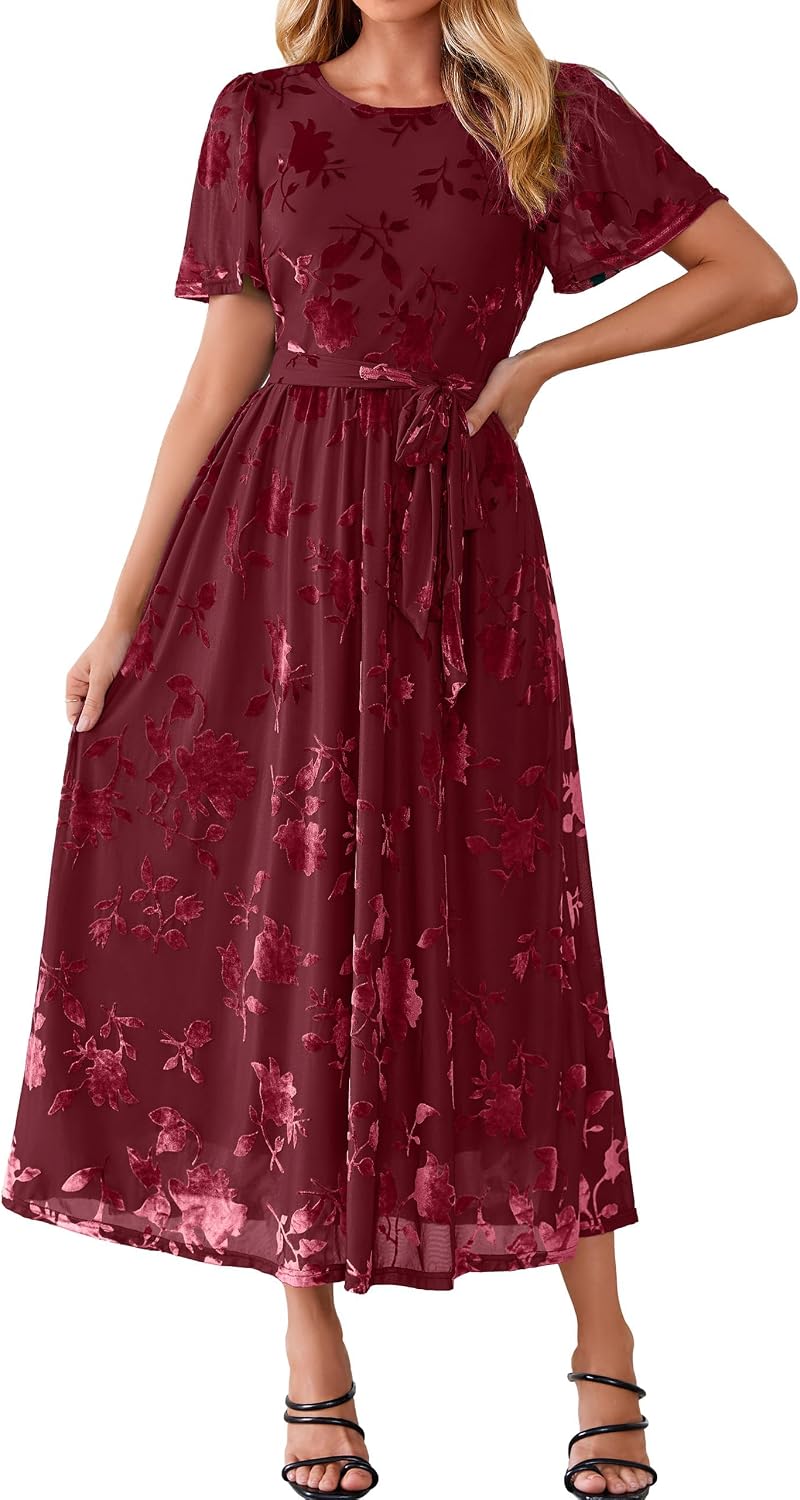 Simplee Womens Semi Formal Fall Wedding Guest Velvet Burnout Maxi Dress | Casual Crew Neck, Flutter Short Sleeve, Tie Waist, Flowy A Line, Bridal Shower, Winter Holiday, Garden Party