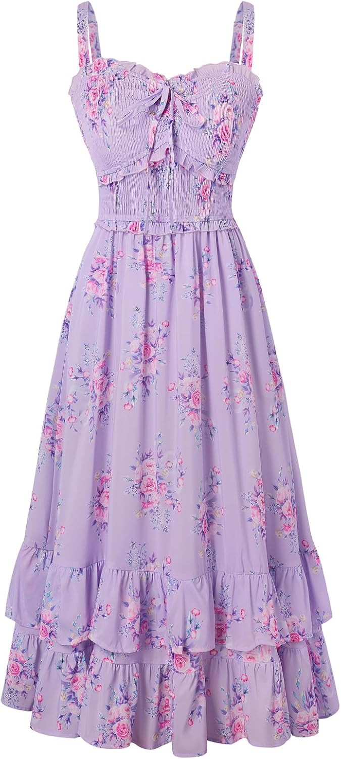 Scarlet Darkness Women's Floral Dress Smocked Sundress with Pockets | Cottagecore Milkmaid Summer Spring Dresses, A line, Flowy, Ankle Length, for Casual, Vacation, Wedding Guest, Tea Party
