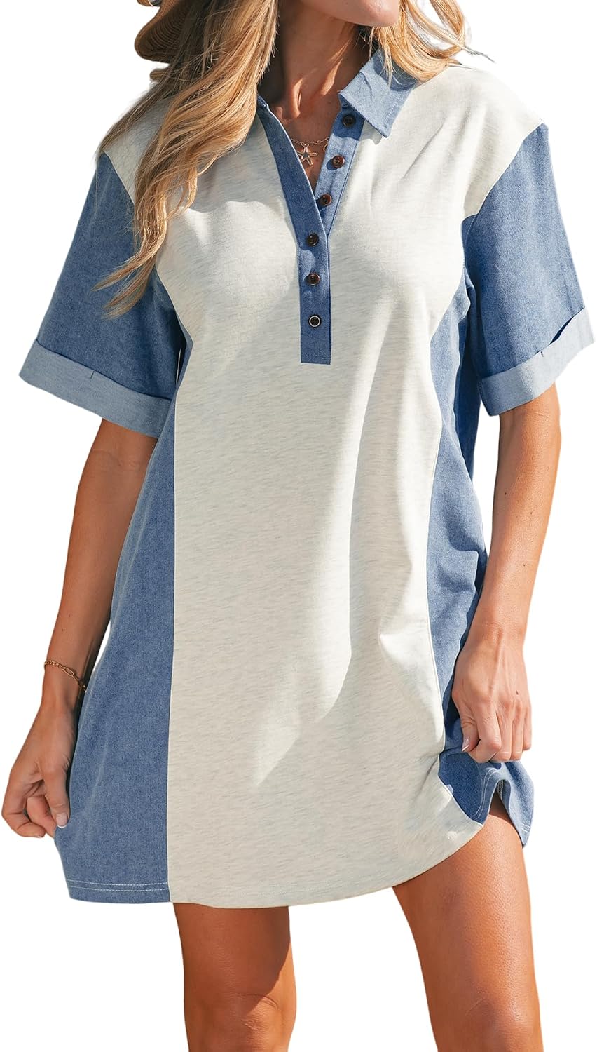 SELINK Patchwork Denim Dress for Women Cute Polo T-Shirt Dress | Short Sleeve Polo Dresses with Collar,Ladies Ribbed Knit Jean Dress,Button Up Summer Dress,Perfect for Casual Daily Wear