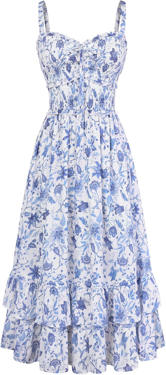 Scarlet Darkness Women's Floral Dress Smocked Sundress with Pockets | Cottagecore Milkmaid Summer Spring Dresses, A line, Flowy, Ankle Length, for Casual, Vacation, Wedding Guest, Tea Party