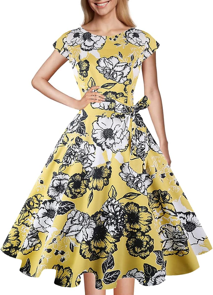 PUKAVT Women's Vintage 1950s Dress Cocktail Party Dress | Cap Sleeve Dress, Wedding Guest Dress, Homecoming Dress, Daily Work Dress, Halloween dress, Tea Party Dress, Date Night Dress
