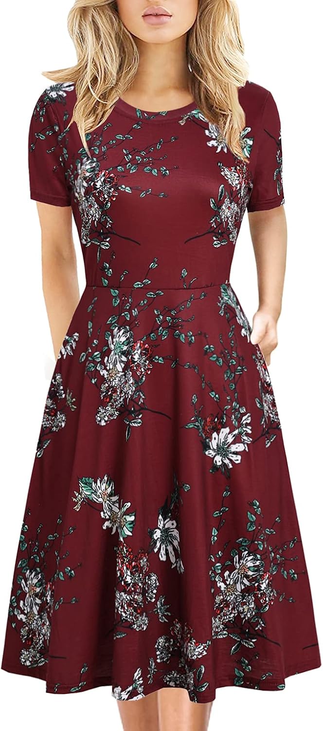 Women's Elegant Knee Length Dresses Vintage Summer Office Casual Floral Print Work Party A-Line Swing Dress with Pockets 162