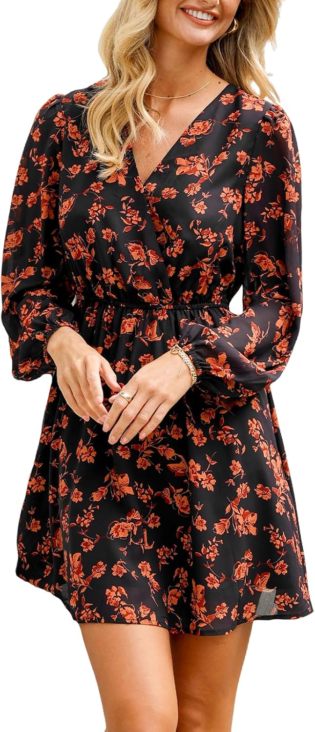 CUPSHE Floral Ruffle Mini Dress Peasant Sleeve Fall Dress Casual Vacation | Surplice V neck Long sleeve, Elastic waist, Flowy A Line, Elegent Holiday ready