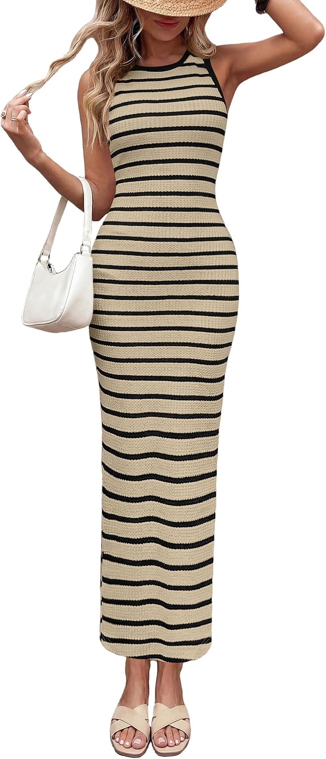 PRETTYGARDEN Women's Summer Striped Bodycon Maxi Dress | Ribbed Knit Tank Dress, Sleeveless Sundresses, Crew Neck, Side Slit, Slim Fitted, Date Night Party, Beach Vacation Outfits