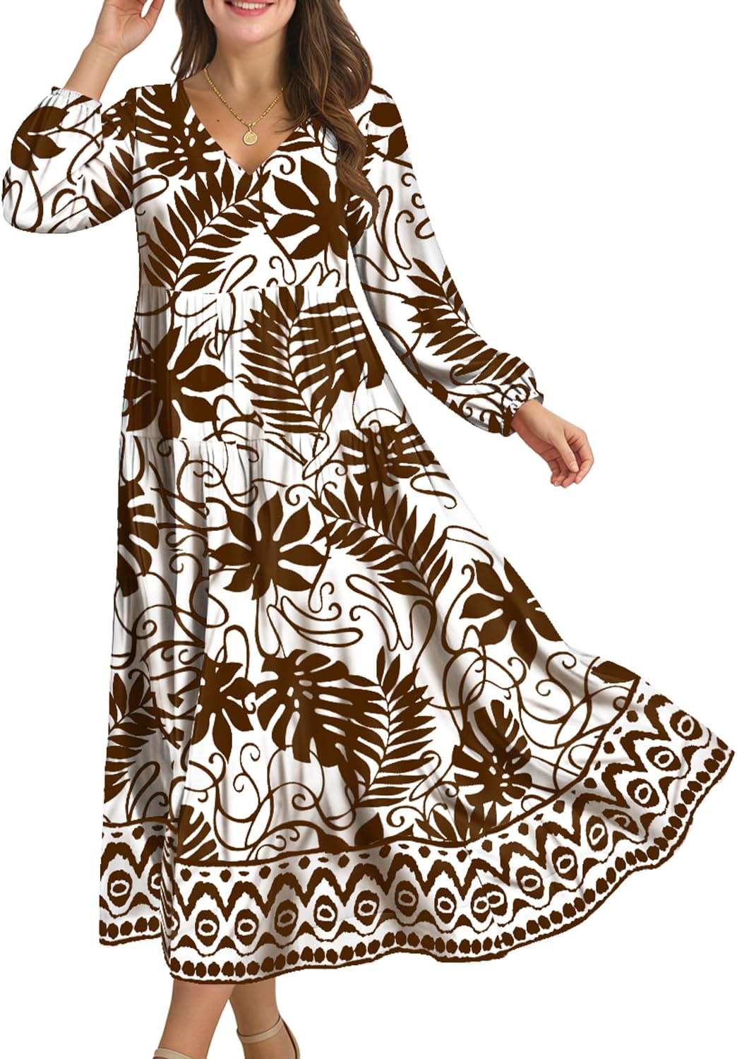 YESNO Women Fall Casual Maxi Dresses Long Lantern Sleeve EVFP2 | V Neck, long sleeve, tiered skirt, flowy beach vacation outfits, spring fall maxi dress with pockets, strap tie