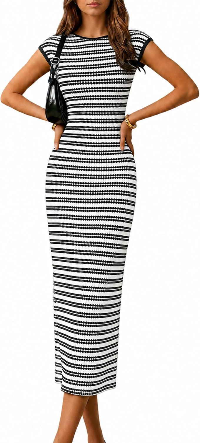 itnpbwus Women's Striped Midi Dress Casual Work Crew Neck Cap Sleeve Knit | Business Casual Dress for Womens Summer Cinched Waist Bodycon Sheer See Through Crochet for Maternity, Office, Beach, Travel