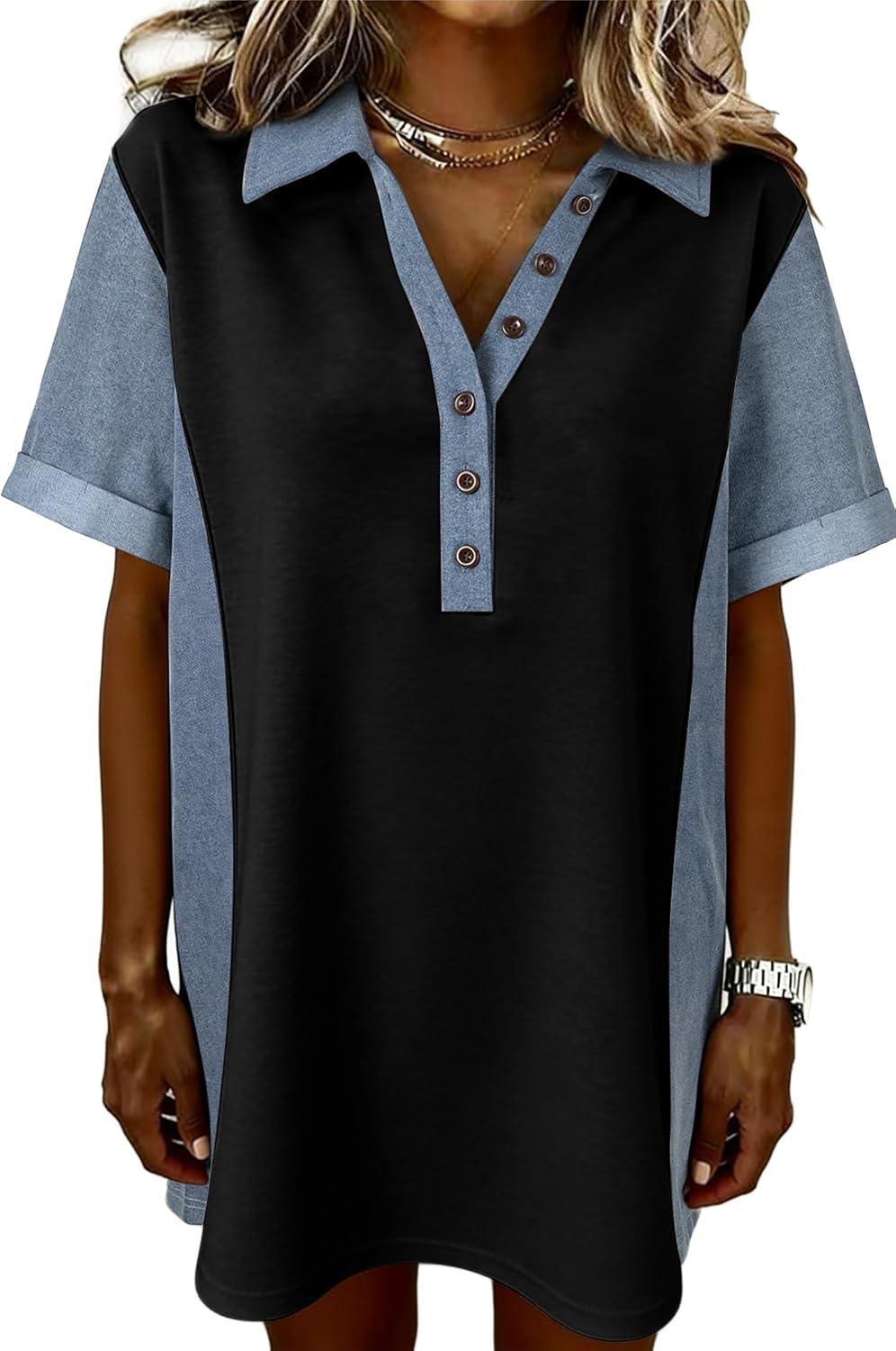 SELINK Patchwork Denim Dress for Women Cute Polo T-Shirt Dress | Short Sleeve Polo Dresses with Collar,Ladies Ribbed Knit Jean Dress,Button Up Summer Dress,Perfect for Casual Daily Wear