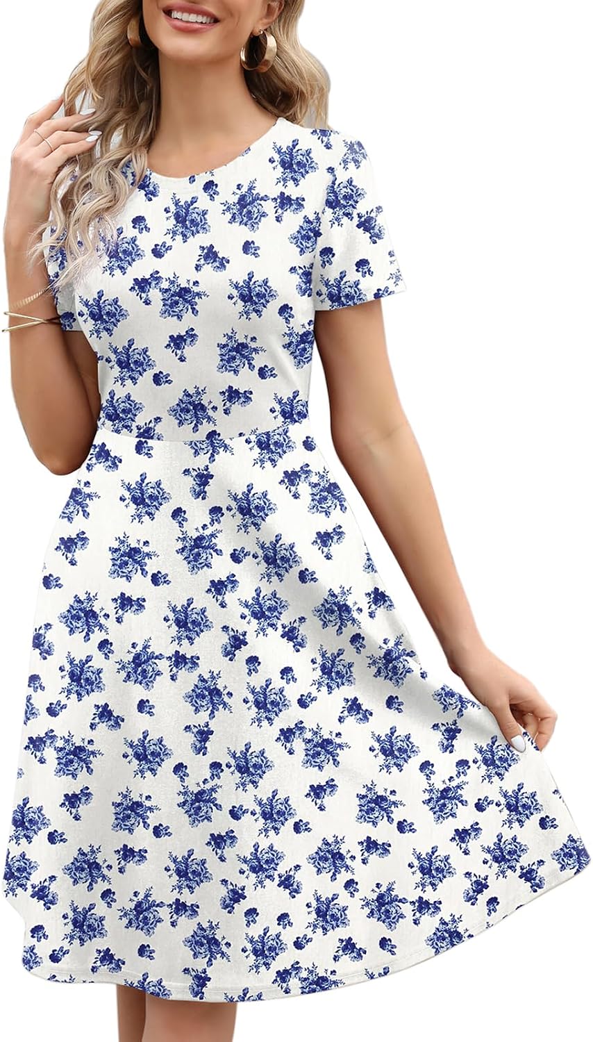 Women's Elegant Knee Length Dresses Vintage Summer Office Casual Floral Print Work Party A-Line Swing Dress with Pockets 162