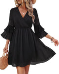Bebonnie Womens 3\/4 Ruffle Sleeve Spring Summer Casual V Neck Flowy Chiffon Layers Dresses