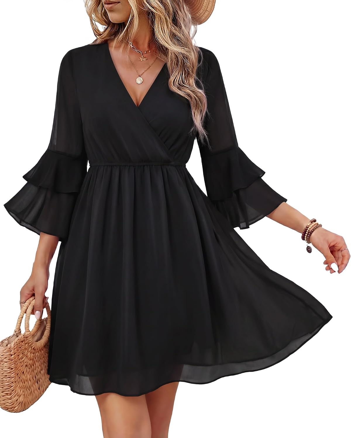 Bebonnie Womens 3\/4 Ruffle Sleeve Spring Summer Casual V Neck Flowy Chiffon Layers Dresses