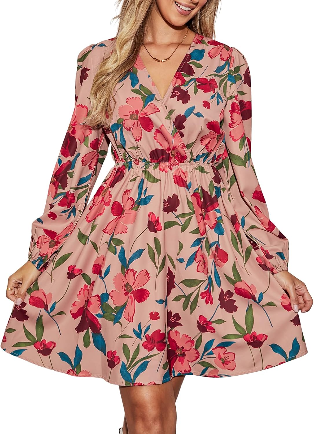 CUPSHE Floral Ruffle Mini Dress Peasant Sleeve Fall Dress Casual Vacation | Surplice V neck Long sleeve, Elastic waist, Flowy A Line, Elegent Holiday ready