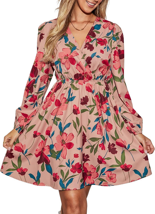 CUPSHE Floral Ruffle Mini Dress Peasant Sleeve Fall Dress Casual Vacation | Surplice V neck Long sleeve, Elastic waist, Flowy A Line, Elegent Holiday ready
