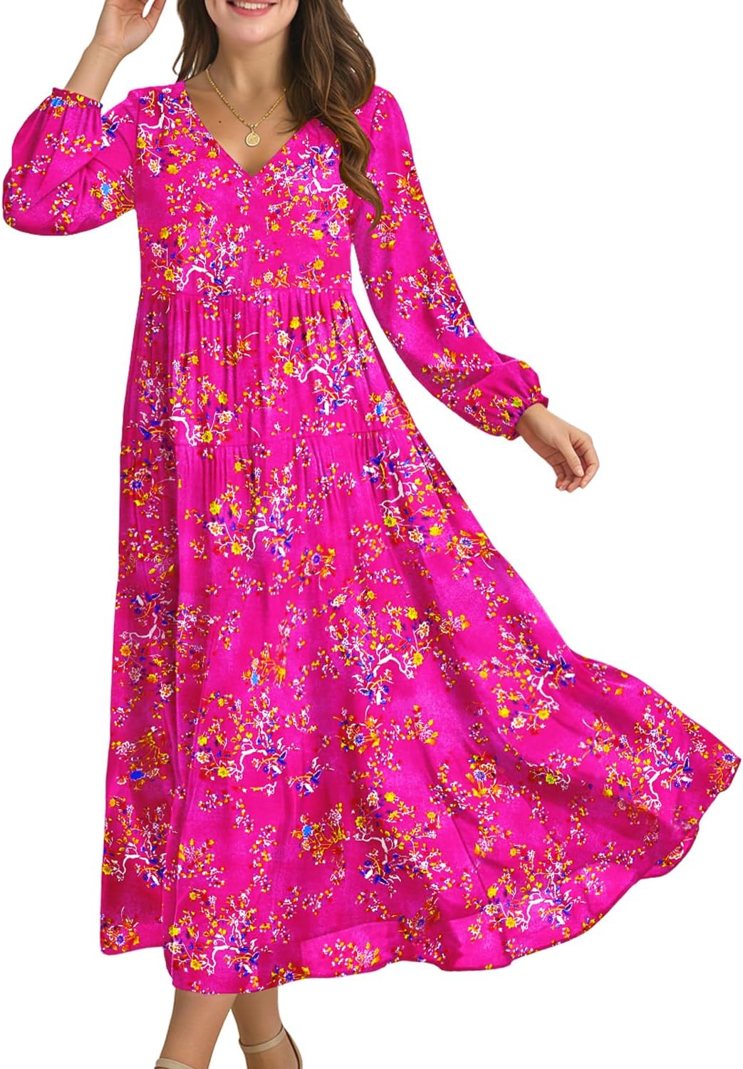 YESNO Women Fall Casual Maxi Dresses Long Lantern Sleeve EVFP2 | V Neck, long sleeve, tiered skirt, flowy beach vacation outfits, spring fall maxi dress with pockets, strap tie