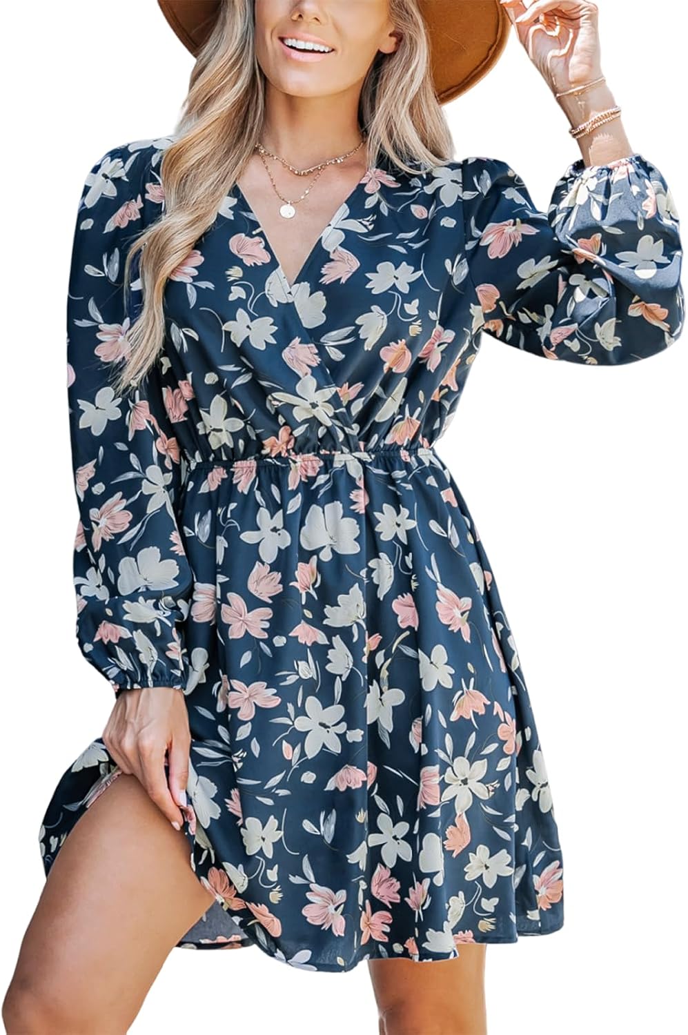 CUPSHE Floral Ruffle Mini Dress Peasant Sleeve Fall Dress Casual Vacation | Surplice V neck Long sleeve, Elastic waist, Flowy A Line, Elegent Holiday ready